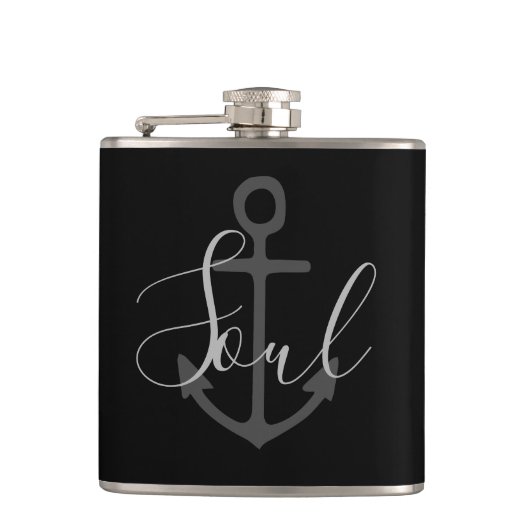 nautischer ANCHOR + graues SOUL auf schwarz | Flachmann (Vorderseite)