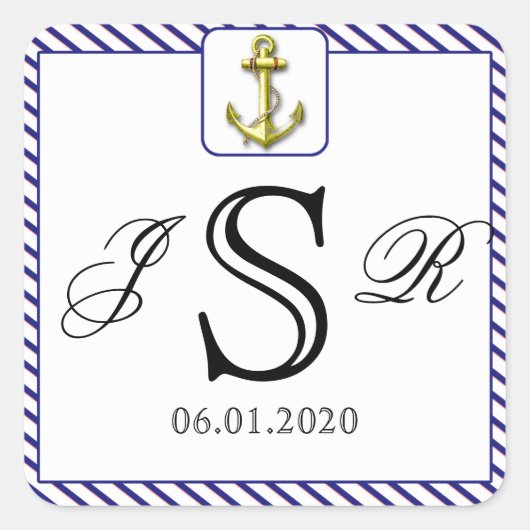 Nautischer Anker auf Blue Stripe Wedding Monogram Quadratischer Aufkleber (Vorderseite)
