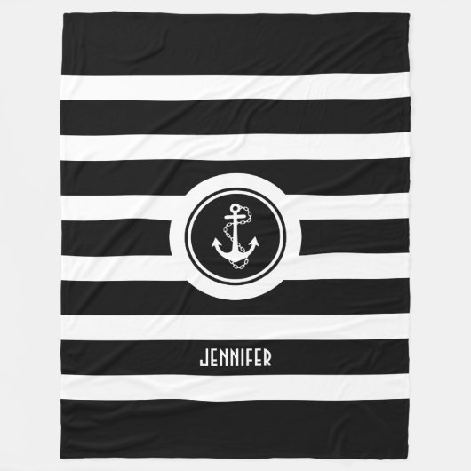 Nautischer Anker aus schwarzem und weißem Streifen Fleecedecke (Vorderseite)