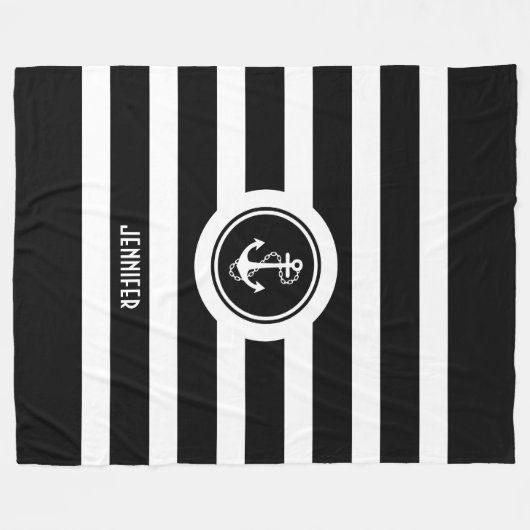 Nautischer Anker aus schwarzem und weißem Streifen Fleecedecke (Vorderseite (Horizontal))