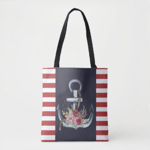 Nautischer Anker Blumen, Marineblau, rote Streifen Tasche