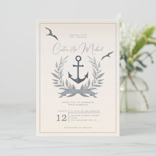 Nautischer Anker: Einladung zur Hochzeit (Stehend Vorderseite)