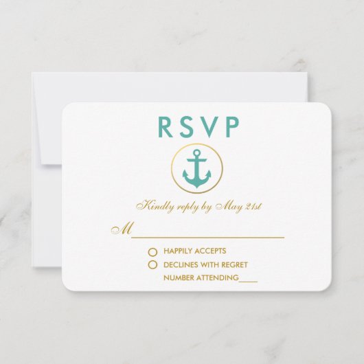 Nautischer Anker für Hochzeiten Aquamarin Gold UAW RSVP Karte (Vorderseite)