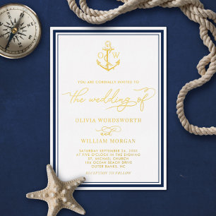 Nautischer Anker Goldfolie Monogramm Hochzeit Folieneinladung