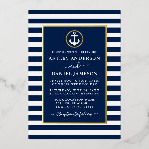 Nautischer Anker Hochzeit Blaue Streifen Gold Folieneinladung