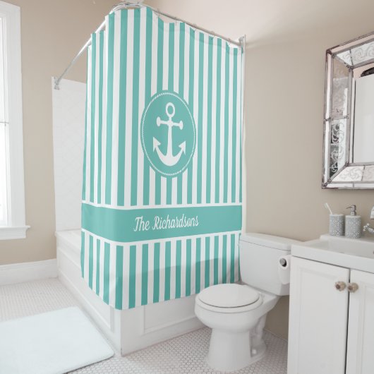 Nautischer Anker mit Aquamarinen und weißen Streif Duschvorhang (Beispiel)