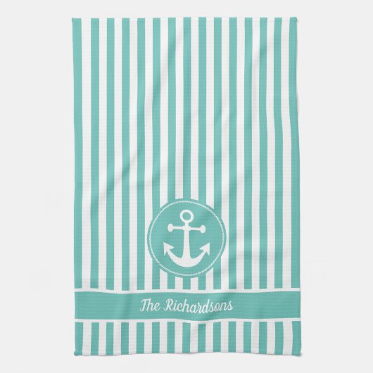 Nautischer Anker mit Aquamarinen und weißen Streif Geschirrtuch (Vertikal)