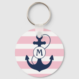 Nautischer Anker mit rosa Streifen und Monogramm Schlüsselanhänger