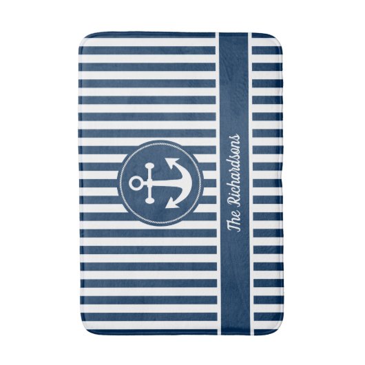 Nautischer Anker mit Seil auf Navy Blue Stripes Badematte (Vorderseite Vertikal)