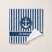 Nautischer Anker mit Seil auf Navy Blue Stripes Badhandtuch Set (Waschlappen)
