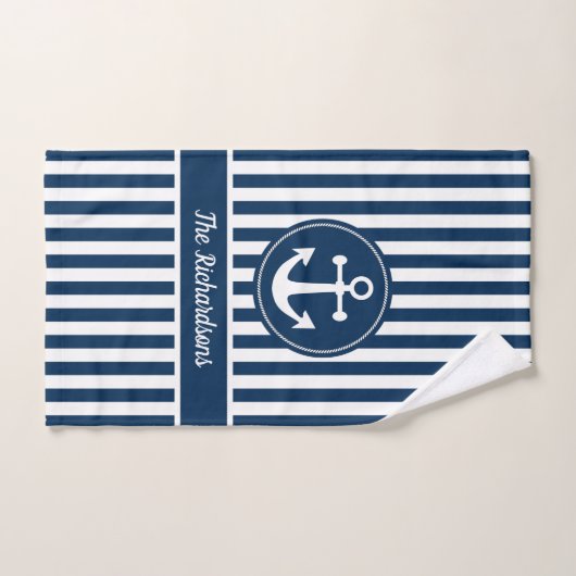 Nautischer Anker mit Seil auf Navy Blue Stripes Badhandtuch Set (Handtuch)