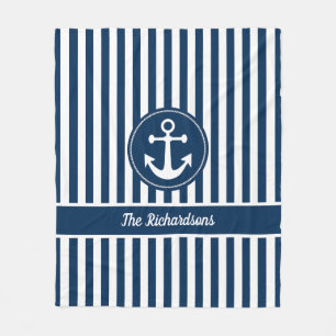 Nautischer Anker mit Seil auf Navy Blue Stripes Fleecedecke