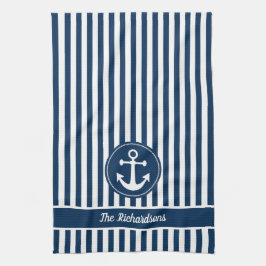 Nautischer Anker mit Seil auf Navy Blue Stripes Geschirrtuch