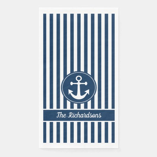 Nautischer Anker mit Seil auf Navy Blue Stripes Serviette (Vorderseite)