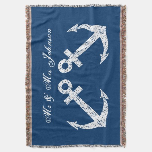 Nautischer Anker mr und mrs werfen Decke | Blau (Vorderseite Vertikal)