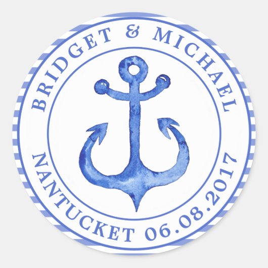 Nautischer Anker - Navy Blue Streifen Personalisie Runder Aufkleber (Vorderseite)