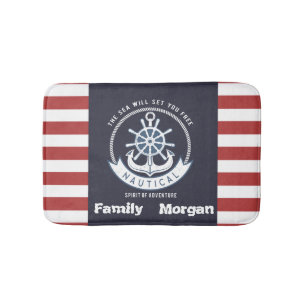 Nautischer Anker, Rad, Navy Blue, Rote Streifen Badematte