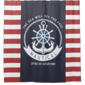 Nautischer Anker, Rad, Navy Blue, Rote Streifen Duschvorhang (Vorderseite)