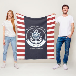 Nautischer Anker, Rad, Navy Blue, Rote Streifen Fleecedecke