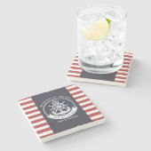 Nautischer Anker, Rad, Navy Blue, Rote Streifen Steinuntersetzer (Seitenansicht)