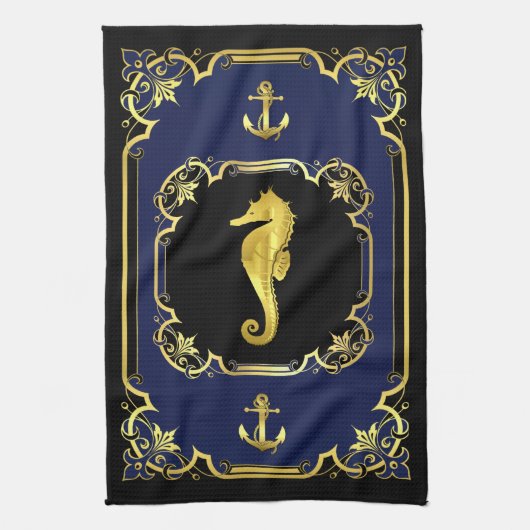 Nautischer Anker/Seepferd vergoldet schwarz/gold/b Geschirrtuch (Vertikal)