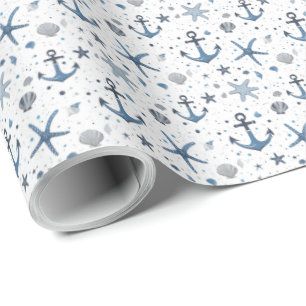 Nautischer Anker Seestern Blau und Weiß  Geschenkpapier