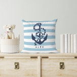 Nautischer Anker und Blauer Streifen Personalisier Kissen<br><div class="desc">Das Design zeichnet sich durch einen klassisch marineblauen Anker und eine Seilillustrierung auf einem hellblauen und weißen Streifen Hintergrund aus. Personalisieren Sie Ihre Auswahl mit einem Namen oder Text Ihrer Wahl, oder löschen Sie einfach den Beispieltext, um leer verlassen. Ideal für Strandhäuser, Sommerterrassen oder Kinderzimmer mit Wassersport. Coordinieren Zubehör in...</div>