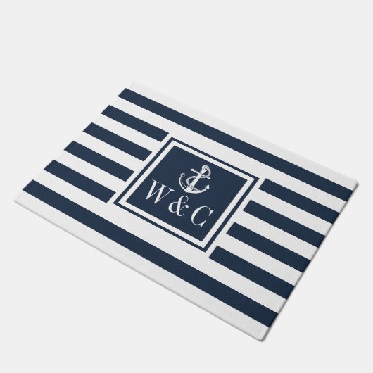 Nautischer Ankermonogramm Navy Blue Stripe Fußmatte (Schrägansicht)