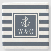 Nautischer Ankermonogramm Navy Blue Stripe Steinuntersetzer (Vorderseite)