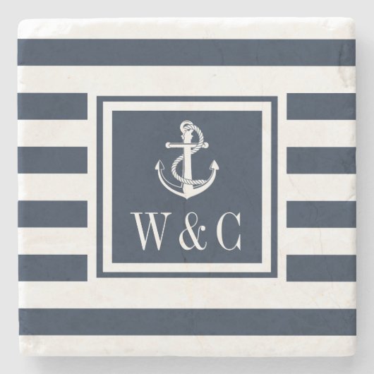Nautischer Ankermonogramm Navy Blue Stripe Steinuntersetzer (Vorderseite)