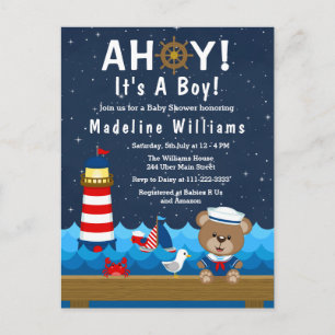 Nautischer Bär Junge Rot und Marine Baby Shower Postkarte