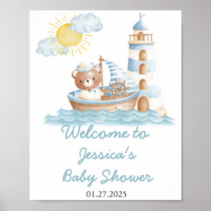 Nautischer Bär-Wasserfarben-Boot-Baby-Shower-Willk Poster