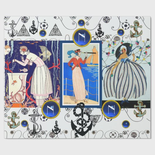 NAUTISCHER DEKO SCHAUTY FASHION BLUE GEM MONOGRAMM GESCHENKPAPIER (Flach)