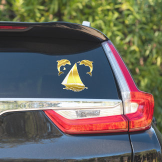 Nautischer Delfin/Tümmler im Goldton + Segelboot Aufkleber