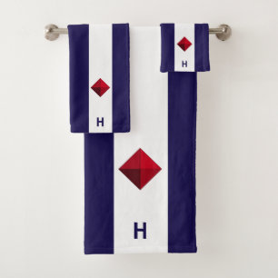 Nautischer Diamant und Monogramm auf blau und weiß Badhandtuch Set