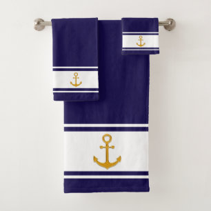 Nautischer goldener Anker auf navyblau und weiß Badhandtuch Set
