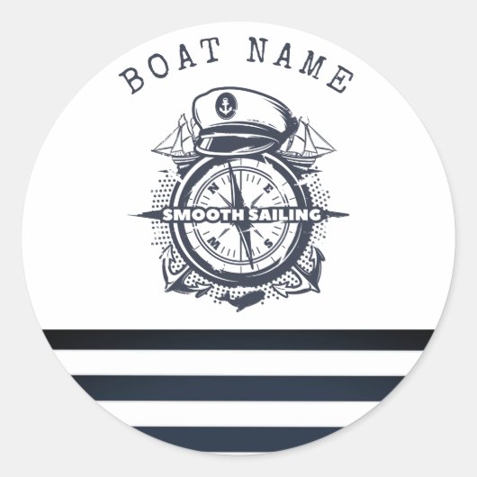 Nautischer Hut, Anker, Radmarineblau gestreift Runder Aufkleber (Vorderseite)