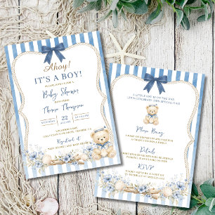 Nautischer Junge Blaues Segel Bär Baby Shower Einladung