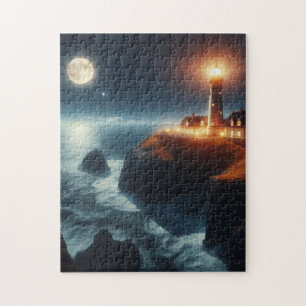 Nautischer/ Küstenleuchtturm bei Nacht mit Mond Puzzle