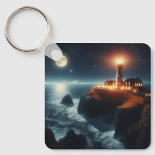 Nautischer/ Küstenleuchtturm bei Nacht mit Mond Schlüsselanhänger