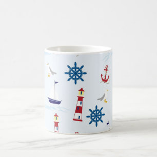 Nautischer Leuchtturm, Anker, Rad, Möwe & Boot Kaffeetasse
