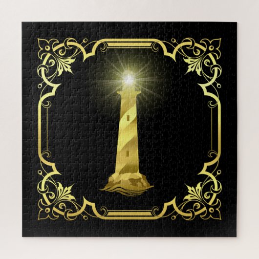 Nautischer Leuchtturm Silhouette/Gold/Schwarz/Schw Puzzle (Vertikal)