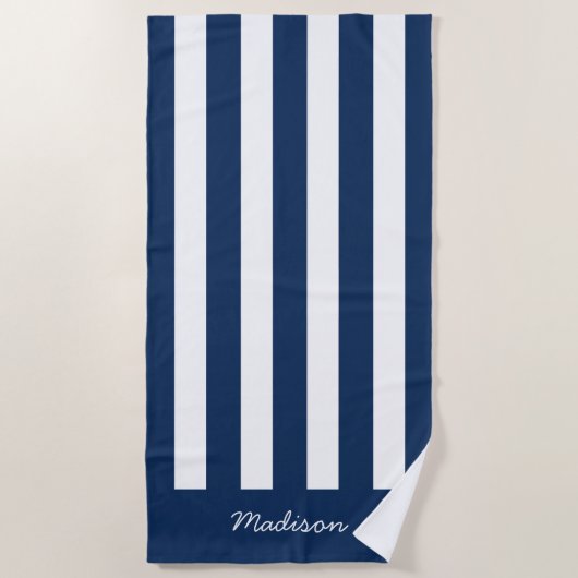 Nautischer Navy Blue & White Strip Individuelle Na Strandtuch (Vorderseite)