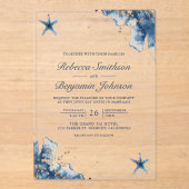 Nautischer Navyblauer Seestern-Hochzeit Acryleinladungen (Vorderseite)