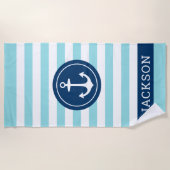 Nautischer Personalisierter Name Navy Aqua Striped Strandtuch (Vorderseite)