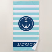 Nautischer Personalisierter Name Navy Aqua Striped Strandtuch (Vorderseite)