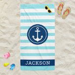 Nautischer Personalisierter Name Navy Aqua Striped Strandtuch<br><div class="desc">Personalisiertes Strandhandtuchdesign mit einem runden gerahmten Bootanker und individuellem Text in einfacher und moderner Serifenschrift,  die mit einem Vornamen personalisiert werden kann. Das dunkelblaue Kreissdesign und der Textrahmen kontrastieren mit einem gestreiften,  hellen,  aqua-blauen und weißen Hintergrund mit einem stilvollen Muster horizontaler Streifen. Farben und Schriftart-Stil können komplett angepasst werden.</div>