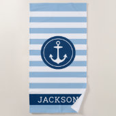 Nautischer Personalisierter Name Navy Blue Stripin Strandtuch (Vorderseite)