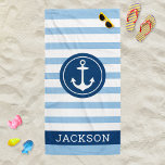 Nautischer Personalisierter Name Navy Blue Stripin Strandtuch<br><div class="desc">Personalisiertes Strandhandtuchdesign mit einem runden gerahmten Bootanker und individuellem Text in einfacher und moderner Serifenschrift,  die mit einem Vornamen personalisiert werden kann. Das dunkelblaue Kreissdesign und der Textrahmen kontrastieren mit einem gestreiften,  hellblau-weißen Hintergrund mit einem stilvollen Muster horizontaler Streifen. Farben und Schriftart-Stil können komplett angepasst werden.</div>