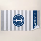Nautischer Personalisierter Name Navy Gray Stripin Strandtuch (Vorderseite)